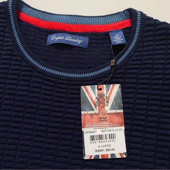 NEW ENGLISH LAUNDRY SWEATER Block Ribbed Navy Blue Collar Cuff Accents SIZE XL - Picture 4 of 10